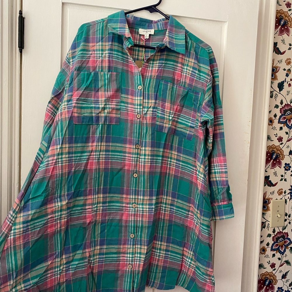 NWT boutique pink and green flannel swing dress M